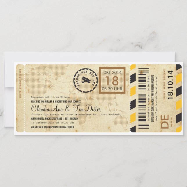 Invitación Boleto Hochzeitseinladung de Flugzeug Bordkarte (Anverso)