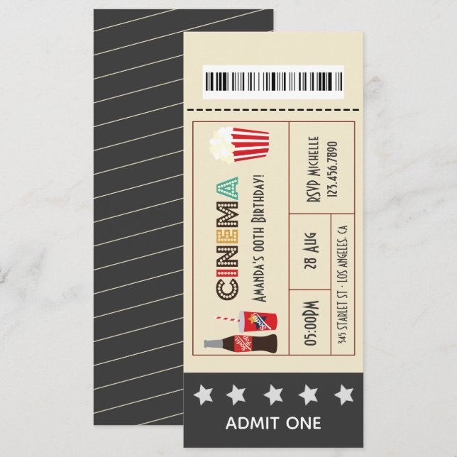 Invitación Boleto para Fiesta de Cumpleaños Noche de Película (Anverso / Reverso)