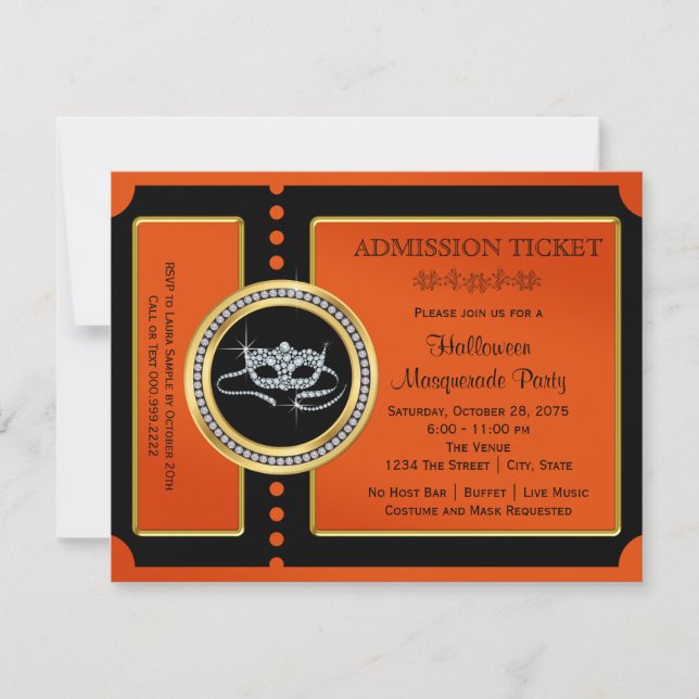Invitación Boleto para Fiesta de Disfraces de Halloween (Anverso)