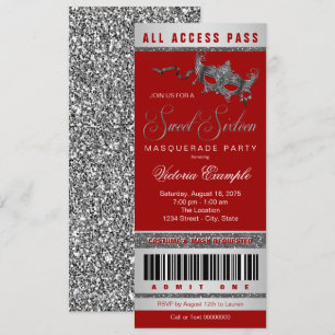 Invitación Boleto para Fiesta de Máscara Sweet 16 de Plata R