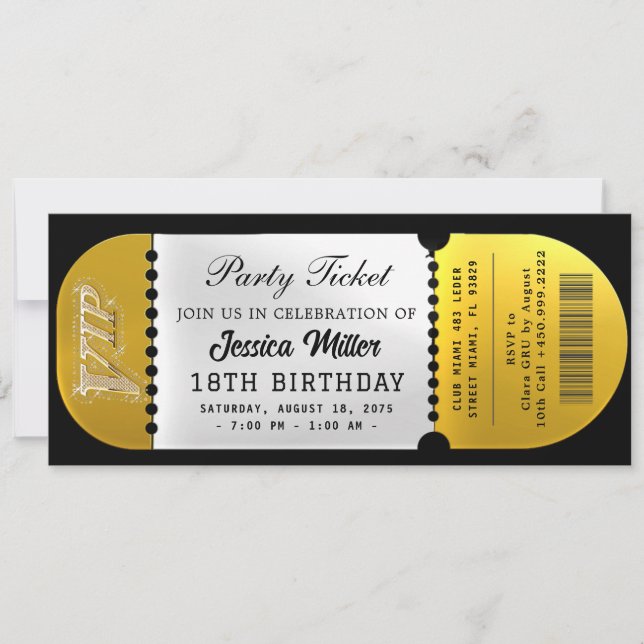Invitación Boleto para la Fiesta de Negro y Dorado (Anverso)