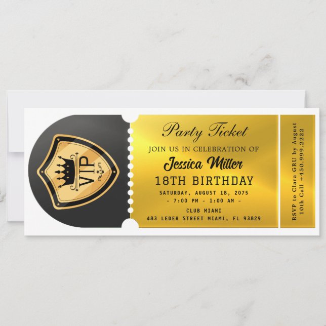 Invitación Boleto para la Fiesta de Negro y Dorado (Anverso)