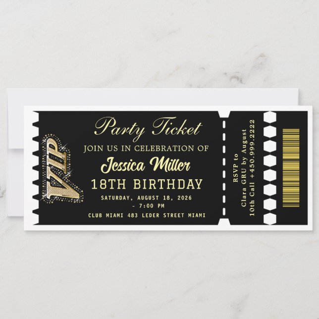 Invitación Boleto para la Fiesta de Negro y Dorado (Anverso)