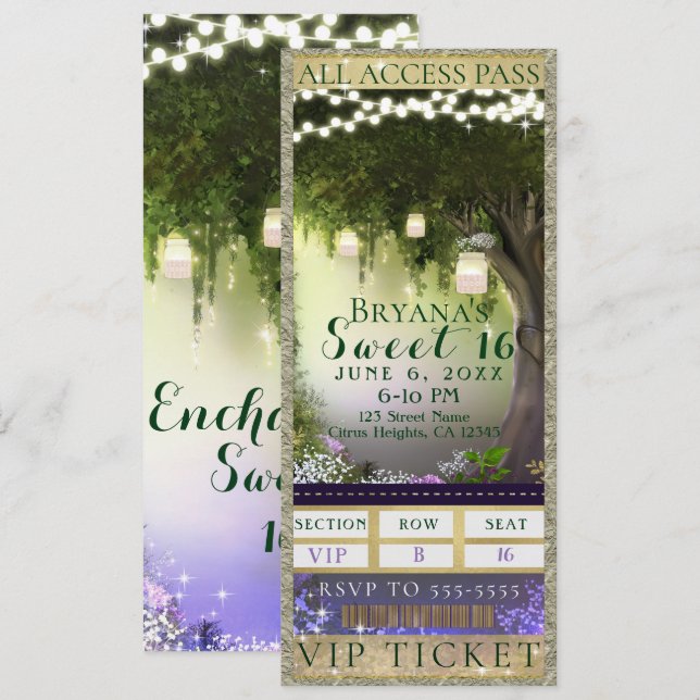 Invitación Boleto para la Fiesta VIP de Cumpleaños Dulces 16  (Anverso / Reverso)