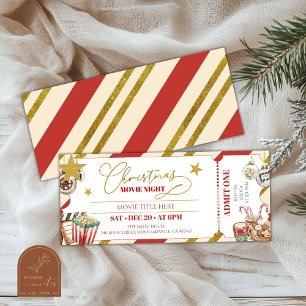 Invitación Boleto para Noche de Película de Navidad en Oro