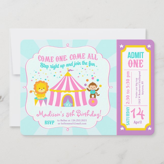 Invitación Boleto rosado de la fiesta de cumpleaños del (Anverso)