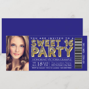 Invitación Boleto Royal Blue and Gold Sweet 16