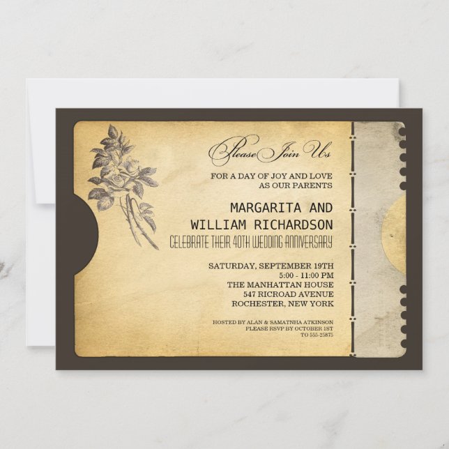 Invitación boleto vintage elegante aniversario de boda (Anverso)