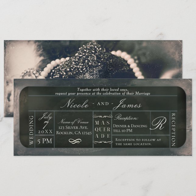 Invitación Boleto VIP Bodas Destello Brillo Plateado Blanco (Anverso / Reverso)