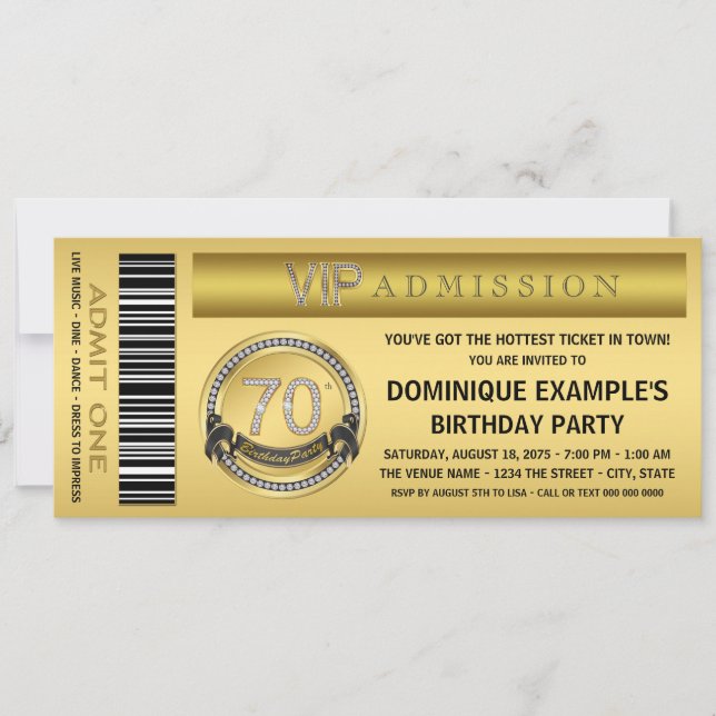 Invitación Boleto VIP Cumpleaños 70 años Gold Ticket (Anverso)