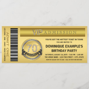 Invitación Boleto VIP Cumpleaños 70 años Gold Ticket