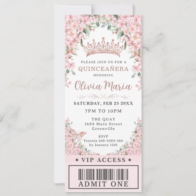 Invitación Boleto VIP de cerezo en flor Rosa Gold Quinceañera (Anverso)