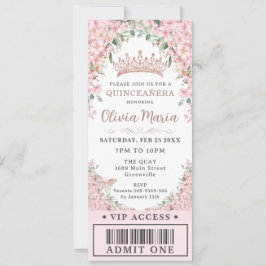 Invitación Boleto VIP de cerezo en flor Rosa Gold Quinceañera