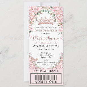 Invitación Boleto VIP de cerezo en flor Rosa Gold Quinceañera