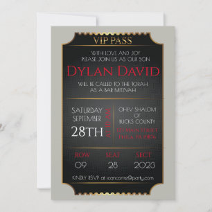 Invitación BOLETO VIP en Bar Mitzvah de Murciélago Negro y Do