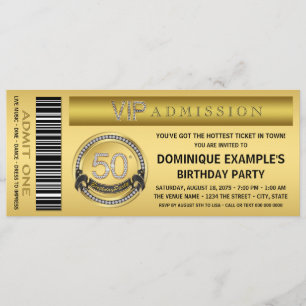 Invitación Boleto VIP Fiesta Cumpleaños 50 Aniversario Gold T