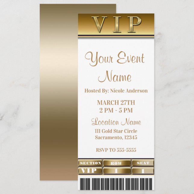 Invitación Boleto VIP para cena elegante de oro y blanco (Anverso / Reverso)