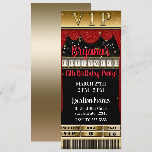 Invitación Boleto VIP para Fiesta de Cumpleaños de HOLLYWOOD  (Anverso / Reverso)