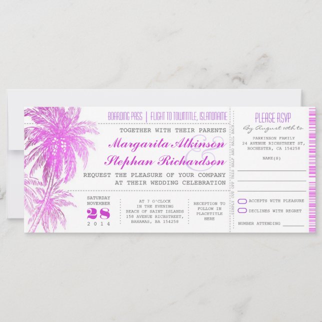 Invitación boletos de matrimonio en la playa púrpura - tarjet (Anverso)