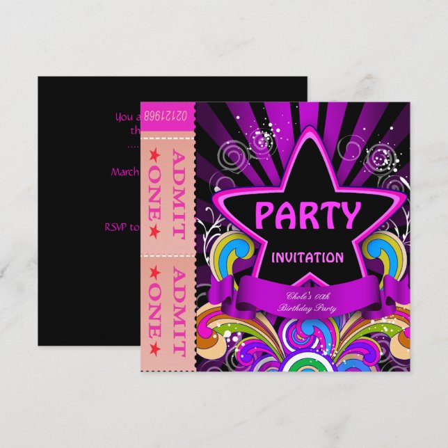 Invitación Boletos Rosa Caliente para Fiesta de Cumpleaños de (Anverso / Reverso)