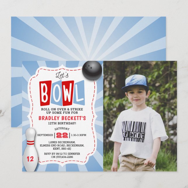 Invitación Boliche retro cualquier foto de cumpleaños por eda (Anverso / Reverso)