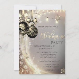 Invitación Bolitas Negras de Navidad, Luces de Cadena, Copos