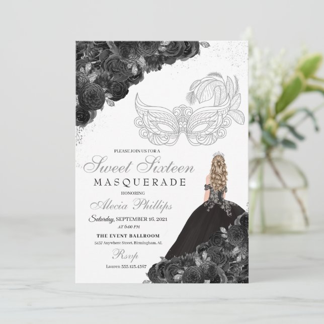 Invitación Bolla de Masquerade Dulce Dieciséis Negro y Plata (Anverso de pie)