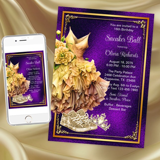 Invitación Bolla de zapatillas de oro morado (Purple gold sneaker ball invitations. Instant download and printed invitations available.)