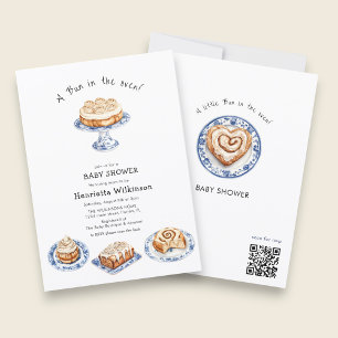 Invitación Bollo en Horno Pastel Floral Azul Baby Shower QR R