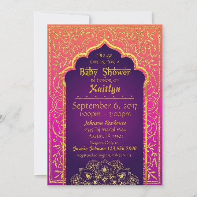 Invitación Bollywood Arabian Nights Baby Shower (Anverso)