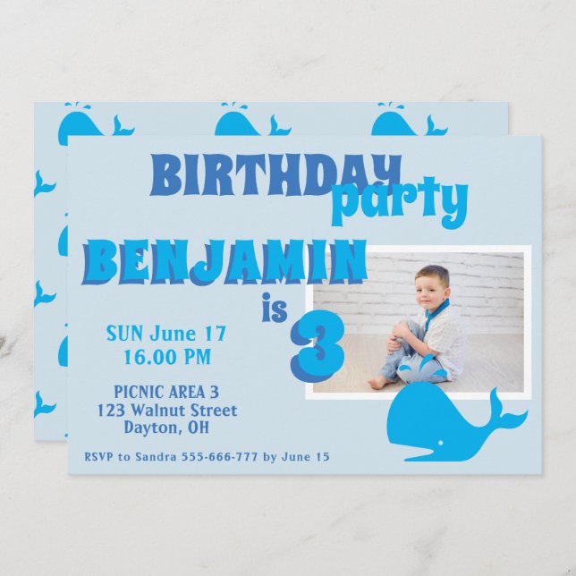 Invitación Bolos de ballena azul foto fiesta de cumpleaños (Anverso / Reverso)