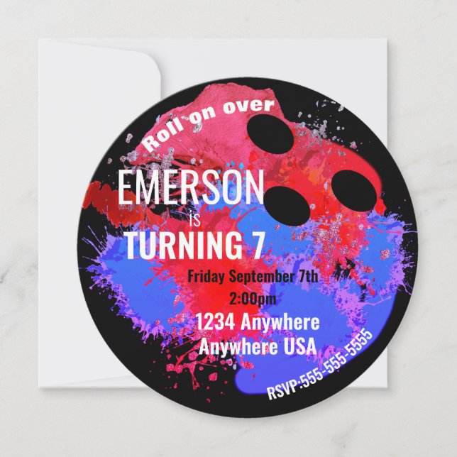 Invitación BOLSA, boliche, fiesta de cumpleaños de bolos. (Anverso)