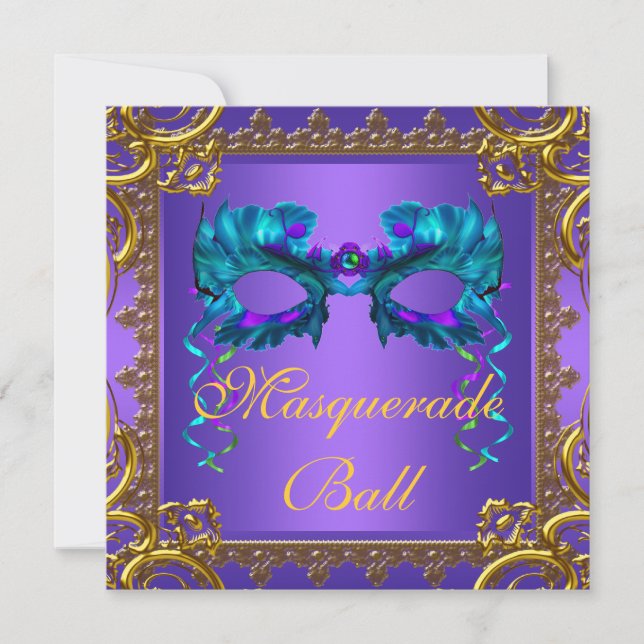 Invitación Bolsa de máscaras azul morada Verde azulada dorada (Anverso)