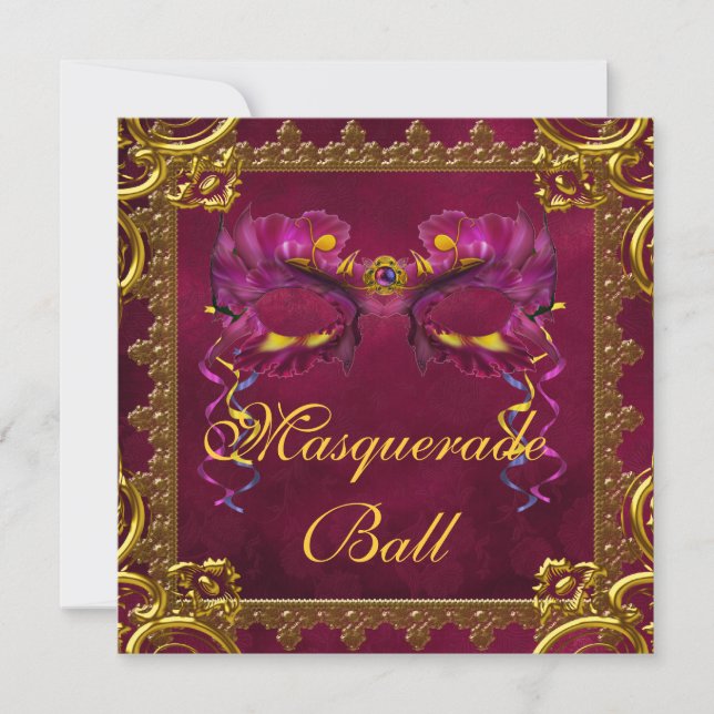Invitación Bolsa de máscaras de argolla roja de borgoña dorad (Anverso)