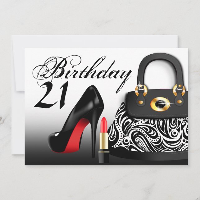 Invitación Bolsa, tacones altos y lápiz labial cumpleaños 21 (Anverso)