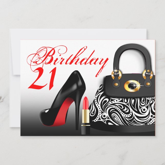 Invitación Bolsa, tacones altos y lápiz labial cumpleaños 21 (Anverso)