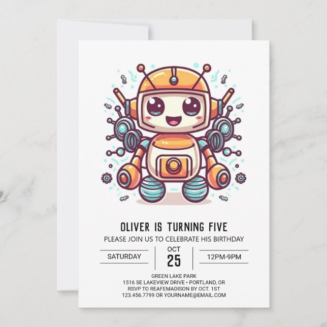 Invitación Bolts Cute Metallic Robot Cumpleaños (Anverso)