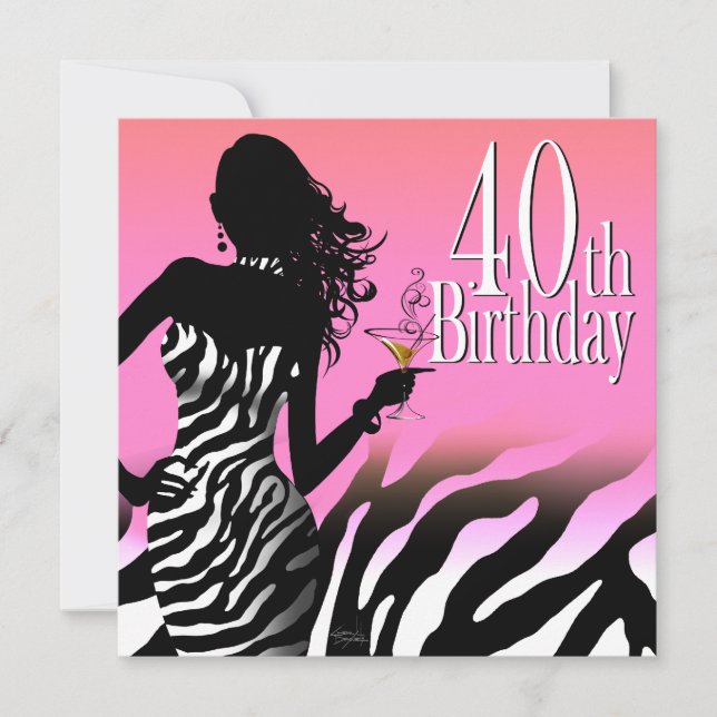 Invitación Bomba de cebra 40 cumpleaños vestido Fiesta rosado (Anverso)