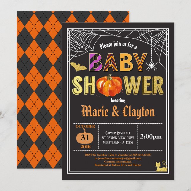 Invitación Bomba de Halloween bebé ducha negro y invitado de  (Anverso / Reverso)