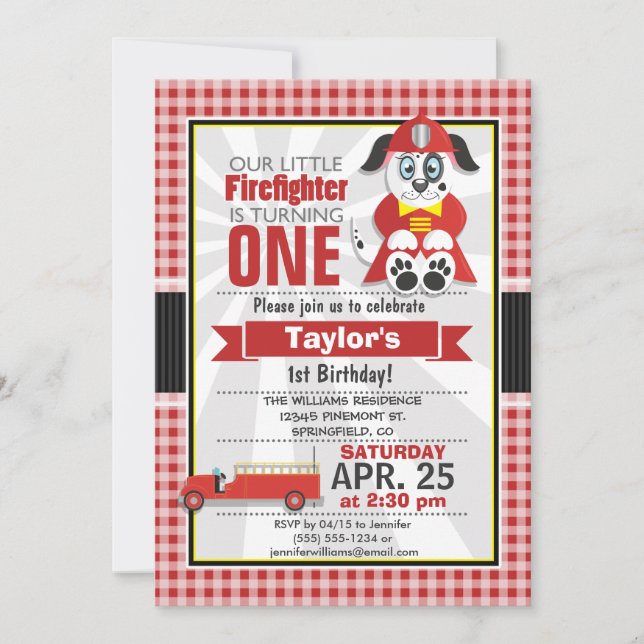 Invitación Bombero, Camión de Bomberos Fiesta de Cumpleaños (Anverso)