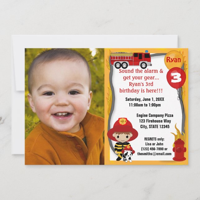 Invitación Bombero de camiones Dalmatian Cumpleaños FFP01A (Anverso)