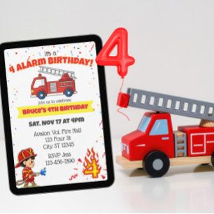 Invitación Bombero de Incendio de 4 Alarmas Cumple 4 Años