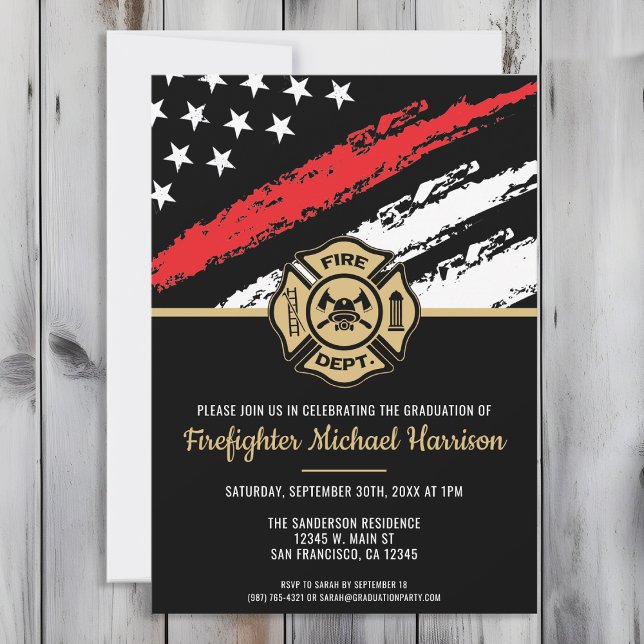 Invitación Bombero graduado de la Línea Roja (Perfect invitation to invite guests to celebrate the new fire academy graduate in fire fighting!)