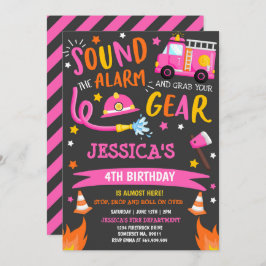 Invitación Bombero rosa del partido de cumpleaños de un camió