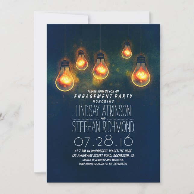 Invitación bombillas brillantes fiesta de compromiso romántic (Anverso)