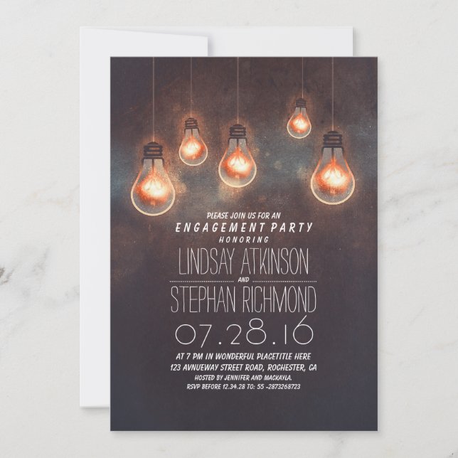 Invitación bombillas brillantes fiesta de compromiso romántic (Anverso)