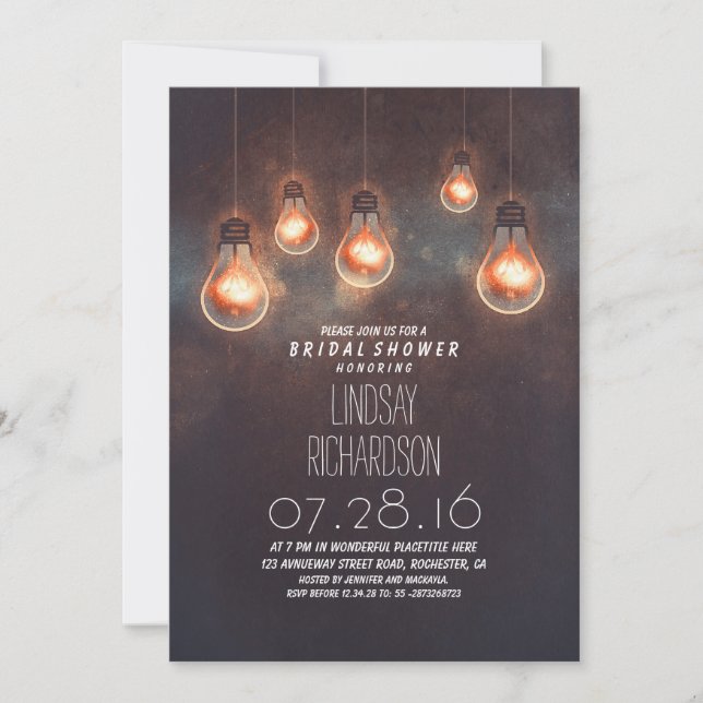 Invitación bombillas extravagantes, romántica ducha de novia (Anverso)