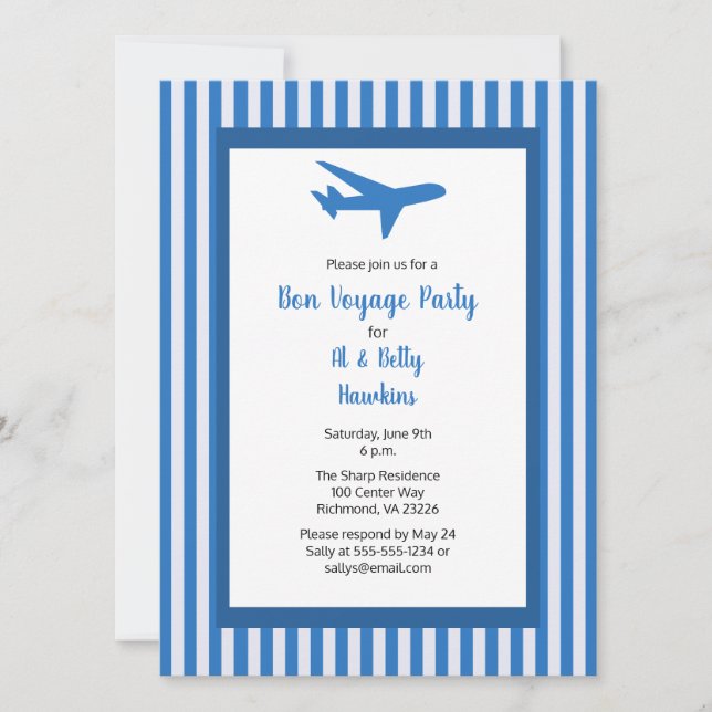 Invitación Bon Voyage Fiesta Airplane Pareja Correa Azul (Anverso)
