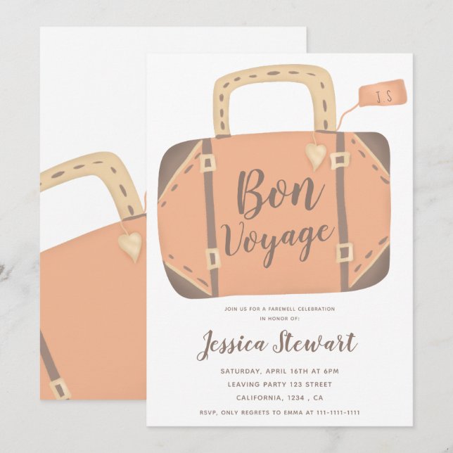 Invitación Bon voyage maleta despedida fiesta (Anverso / Reverso)