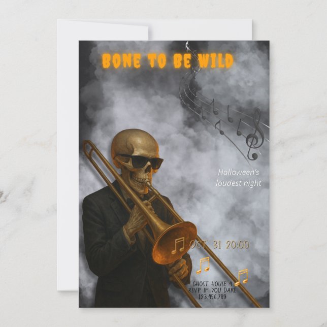 Invitación Bone to Be Wild - Skeleton Trombone | Halloween (Anverso)